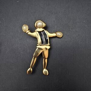 Gold Tone Mime Jester Brooch Black Enamel Faux Pearl Circus Costume Jewelry